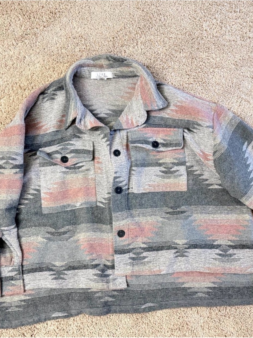 Aztec Print Button-Up Shacket in Gray and Dusty Rose